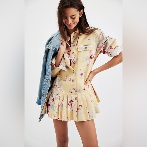 Free People Dresses & Skirts - Free People Connor Printed Mini Dress Pleated Long Sleeve Cotton XS